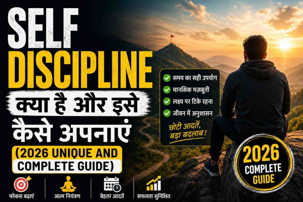 पहाड़ की चोटी पर बैठा व्यक्ति, आत्म-अनुशासन (Self-Discipline) के लाभ और सफलता के तरीके बताते हुए 2026 की मार्गदर्शिका।