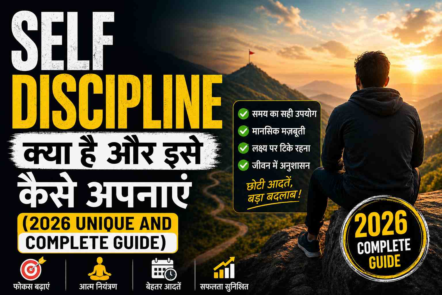 पहाड़ की चोटी पर बैठा व्यक्ति, आत्म-अनुशासन (Self-Discipline) के लाभ और सफलता के तरीके बताते हुए 2026 की मार्गदर्शिका।