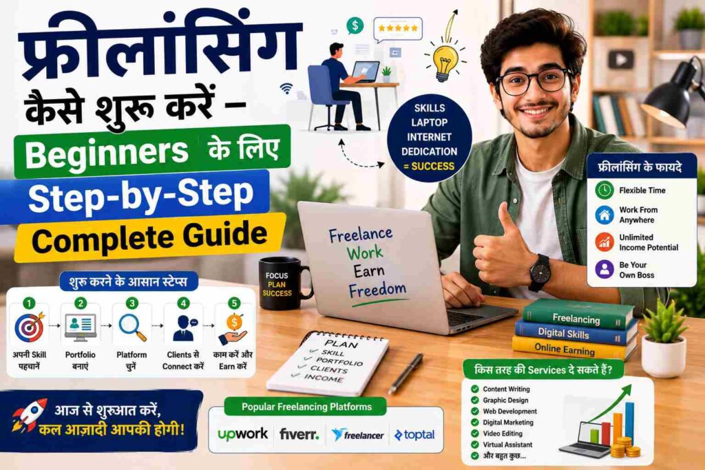 फ्रीलांसिंग कैसे शुरू करें guide, beginners ke liye freelancing career, online earning, work from home, Fiverr, Upwork aur freelance skills se paise kamane ke tareeke.