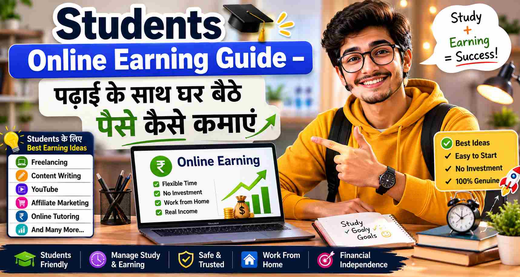 Students Online Earning Guide, padhai ke saath ghar baithe paise kaise kamaye, online earning ideas for students, freelancing, content writing aur online jobs ki jankari.