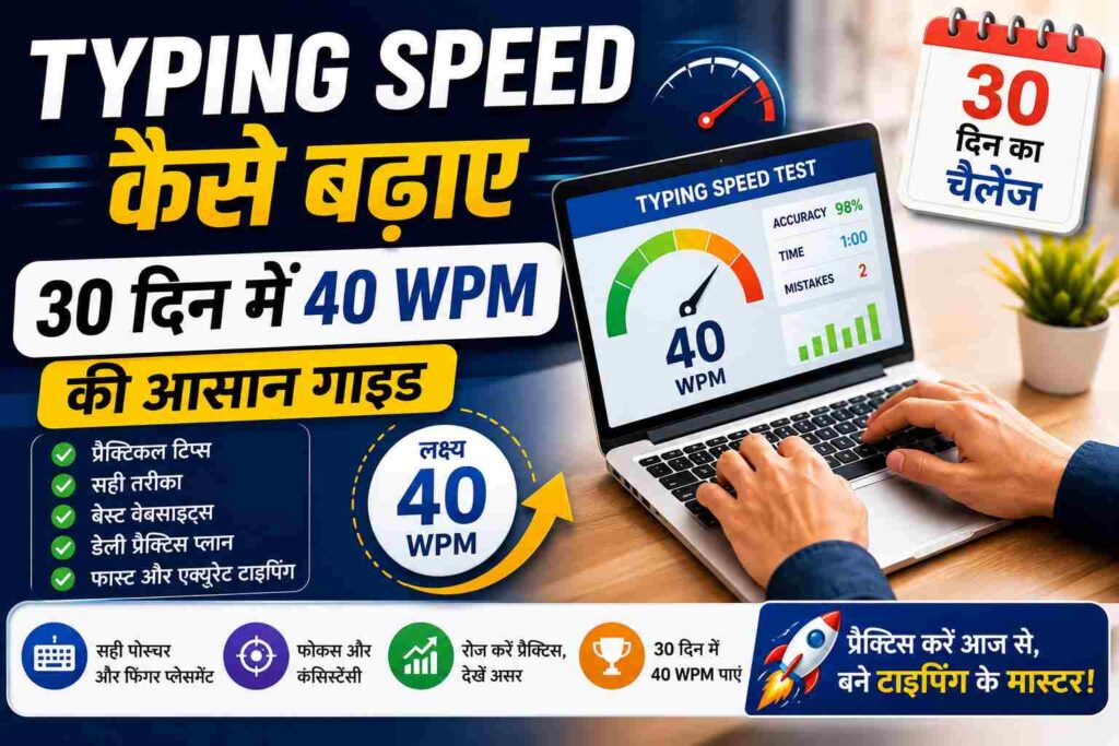 Typing Speed Kaise Badhaye 2026 guide, 30 दिन में 40 WPM typing speed बढ़ाने की आसान टिप्स और daily practice plan