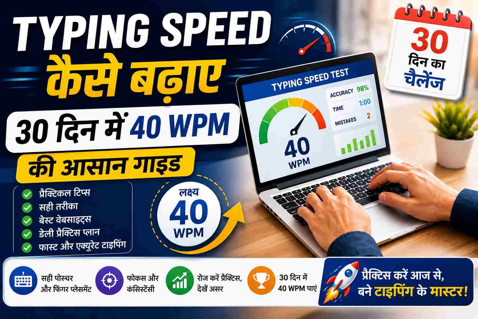 Typing Speed Kaise Badhaye 2026 guide, 30 दिन में 40 WPM typing speed बढ़ाने की आसान टिप्स और daily practice plan