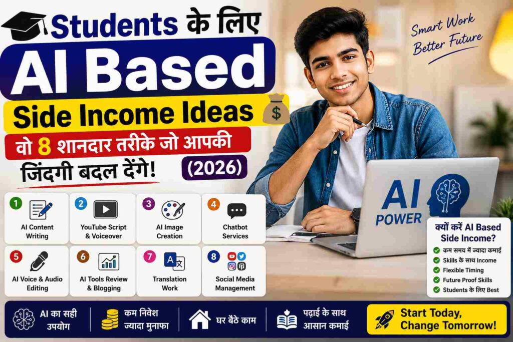 Students के लिए AI Based Side Income Ideas 2026, AI tools ki madad se online earning, content writing, YouTube scripting, AI image creation aur freelancing income ideas