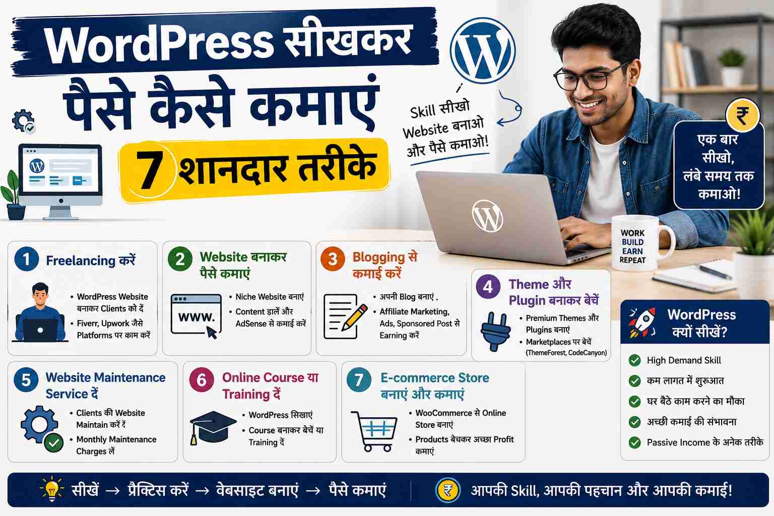 WordPress सीखकर पैसे कैसे कमाएं – 7 शानदार तरीके, WordPress blogging, freelancing, website design aur online earning guide 2026