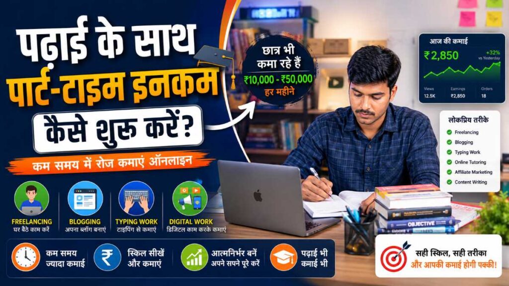 पढ़ाई के साथ पार्ट-टाइम इनकम कैसे शुरू करें – छात्र लैपटॉप पर पढ़ाई करते हुए Freelancing, Blogging, Content Writing और Online Earning की योजना बनाता हुआ