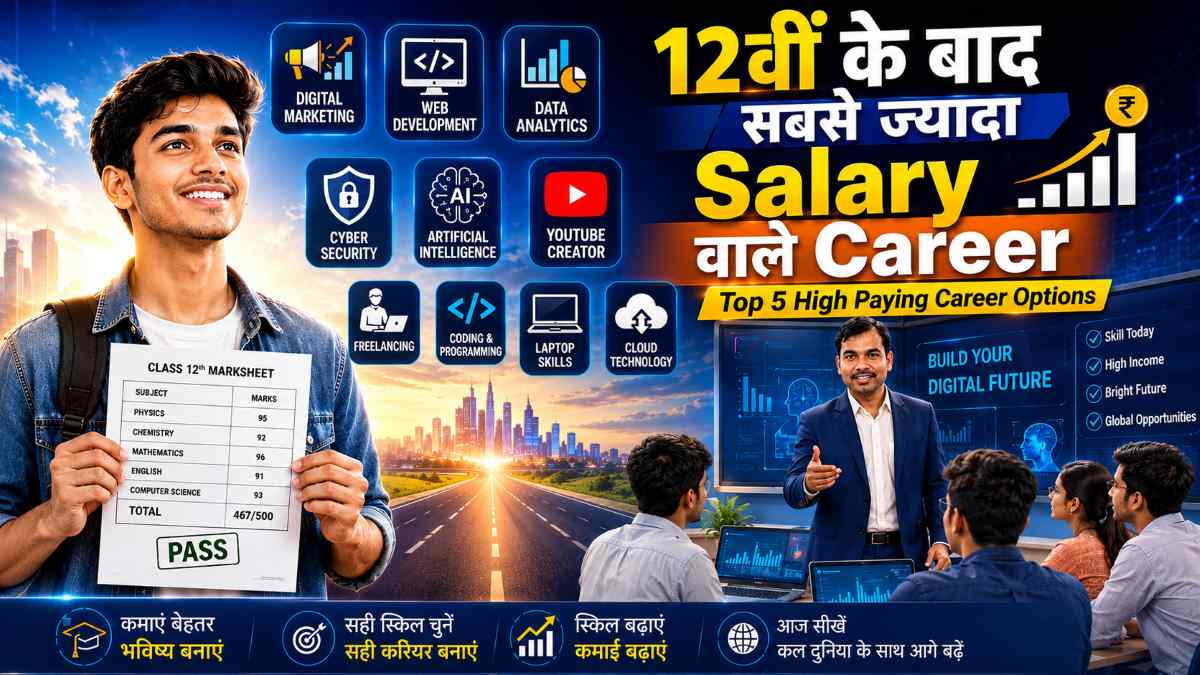 12वीं के बाद सबसे ज्यादा Salary वाले Career विकल्प जैसे Digital Marketing, Web Development, Data Analytics, Cyber Security और Content Creation की जानकारी देती हुई फीचर इमेज।