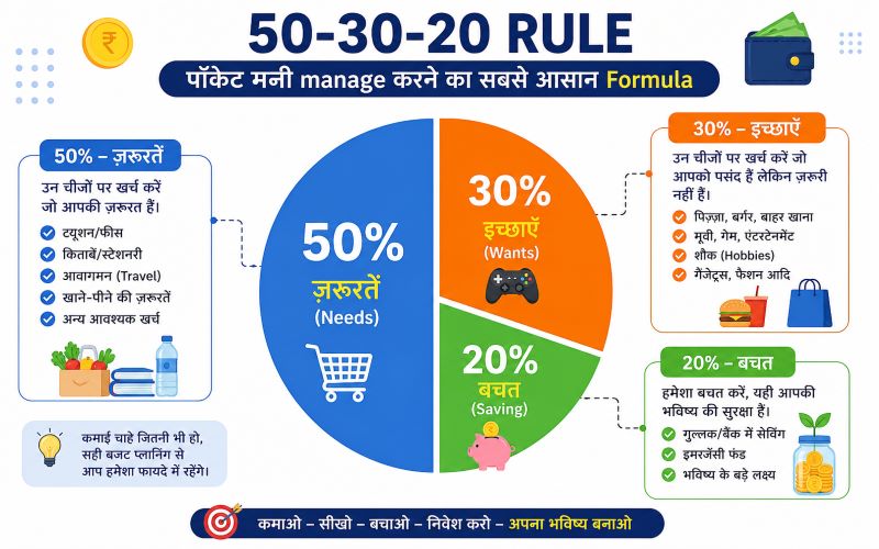 पॉकेट मनी के लिए 50-30-20 budget rule का infographic