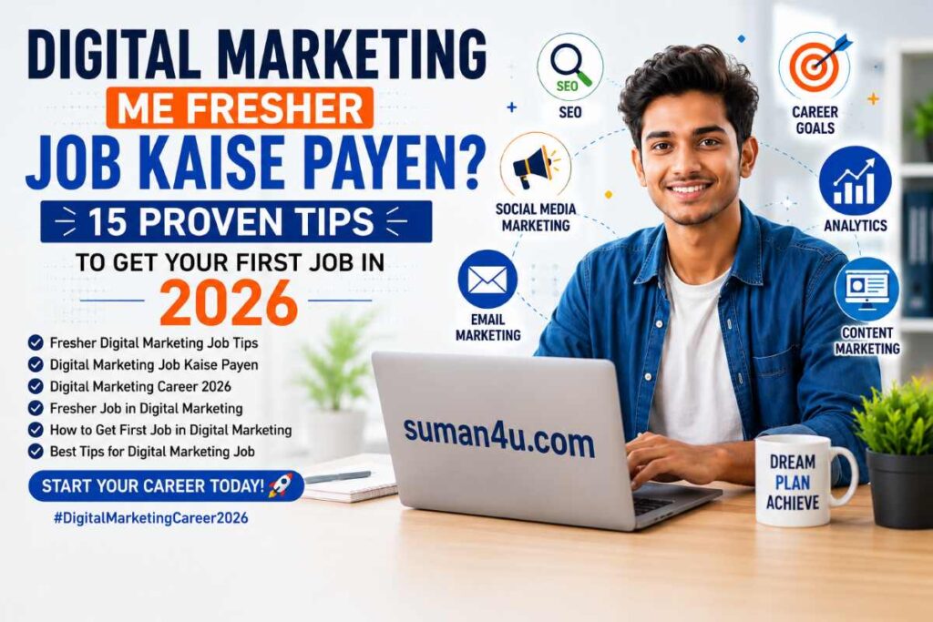 Digital Marketing Me Fresher Job Kaise Payen? 2026 के लिए 15 Proven Tips दिखाता हुआ फीचर इमेज, जिसमें एक युवा भारतीय छात्र लैपटॉप पर काम कर रहा है और SEO, Social Media, Email Marketing तथा Analytics के आइकन दिखाई दे रहे हैं।