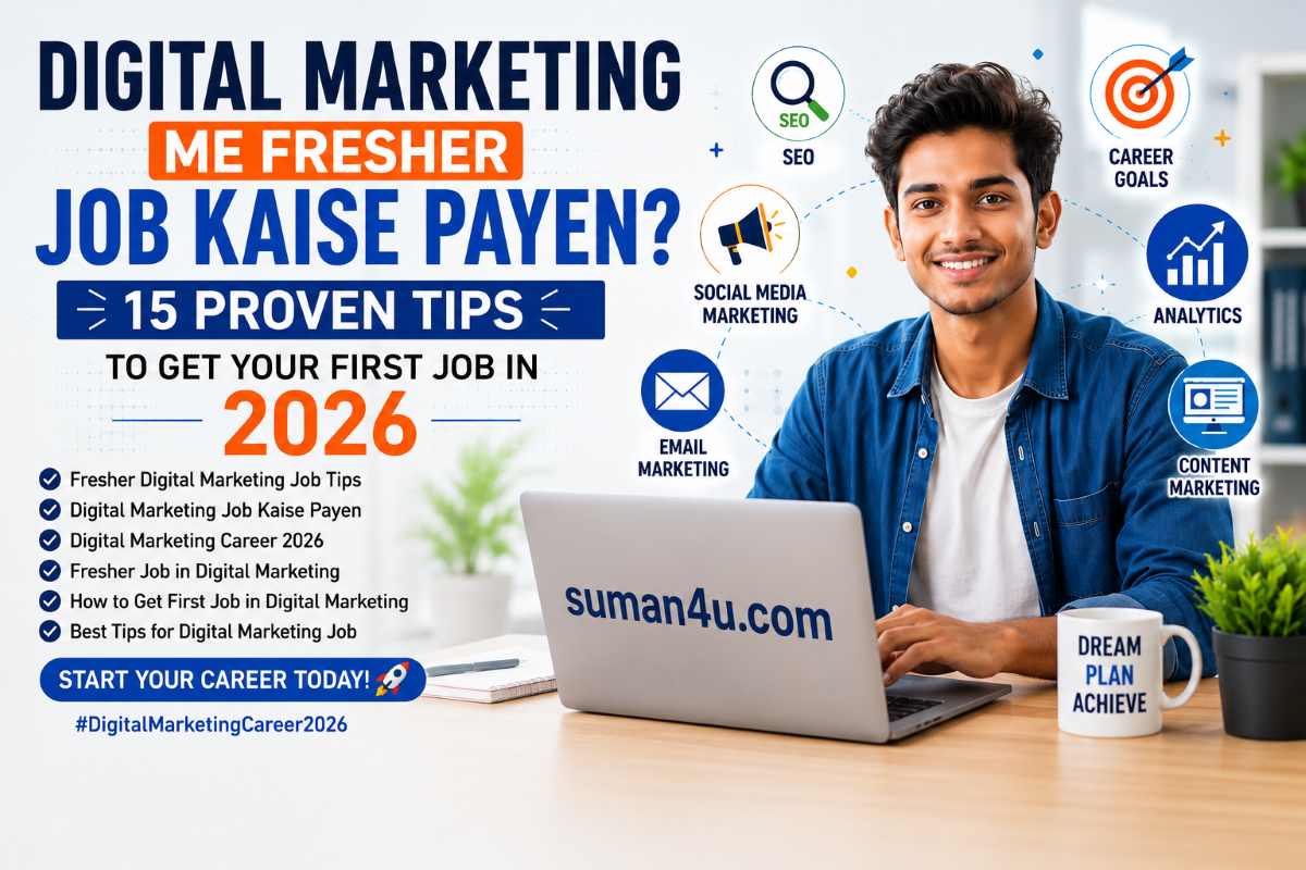 Digital Marketing Me Fresher Job Kaise Payen? 2026 के लिए 15 Proven Tips दिखाता हुआ फीचर इमेज, जिसमें एक युवा भारतीय छात्र लैपटॉप पर काम कर रहा है और SEO, Social Media, Email Marketing तथा Analytics के आइकन दिखाई दे रहे हैं।