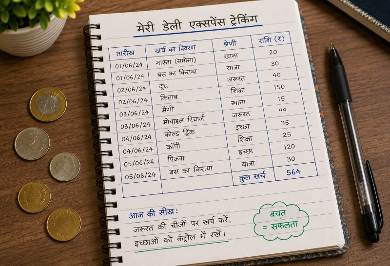 daily expense tracking के लिए notebook और pen की image