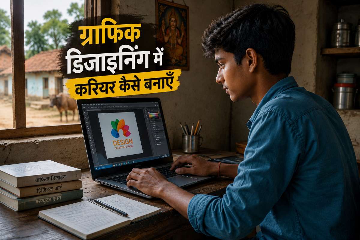 ग्राफिक डिजाइनिंग में करियर कैसे बनाएँ – लैपटॉप पर Graphic Design सीखता हुआ भारतीय ग्रामीण छात्र, डिजिटल स्किल्स और ऑनलाइन करियर की तैयारी करता हुआ।