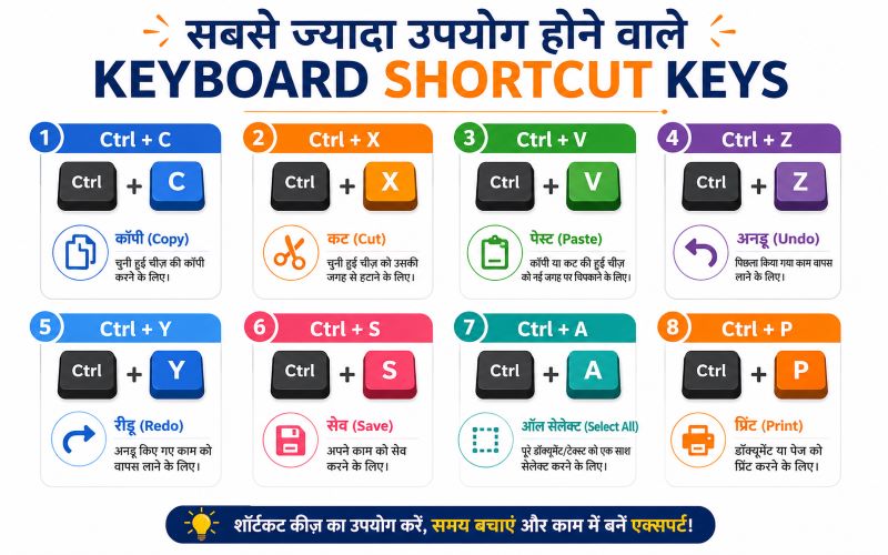 कंप्यूटर के सबसे अधिक उपयोग होने वाले Keyboard Shortcut Keys