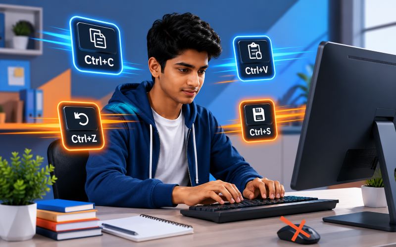 कीबोर्ड शॉर्टकट key का उपयोग करके तेजी से कंप्यूटर पर काम करता हुआ छात्र