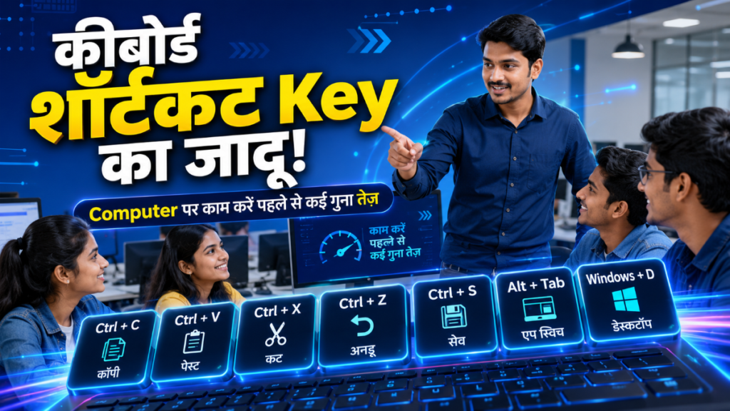 कीबोर्ड शॉर्टकट Key सीखते हुए छात्र और कंप्यूटर ट्रेनर – Ctrl+C, Ctrl+V, Ctrl+Z, Ctrl+S सहित महत्वपूर्ण Keyboard Shortcut Keys Guide
