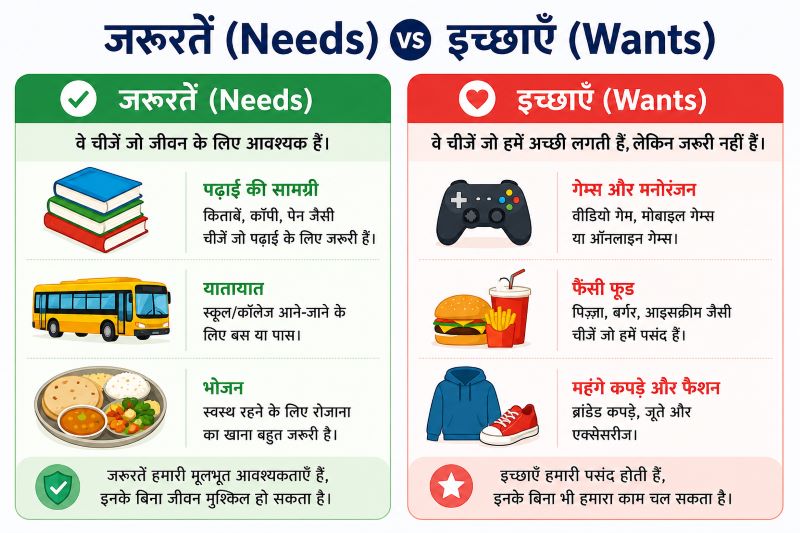 Needs और Wants में अंतर दिखाता हुआ comparison chart