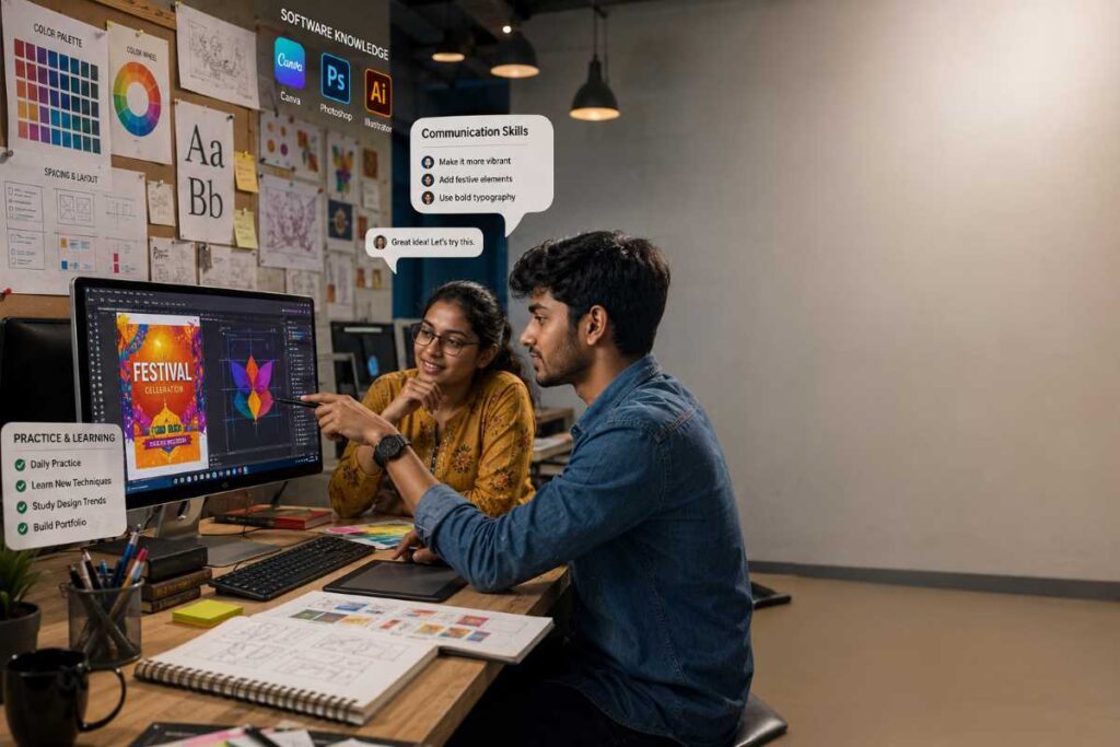 ग्राफिक डिजाइनर बनने के लिए जरूरी स्किल्स – Canva, Photoshop और Illustrator पर काम करता हुआ भारतीय ग्राफिक डिजाइनर, क्रिएटिविटी, डिजाइन सेंस और कम्युनिकेशन स्किल्स सीखते हुए।