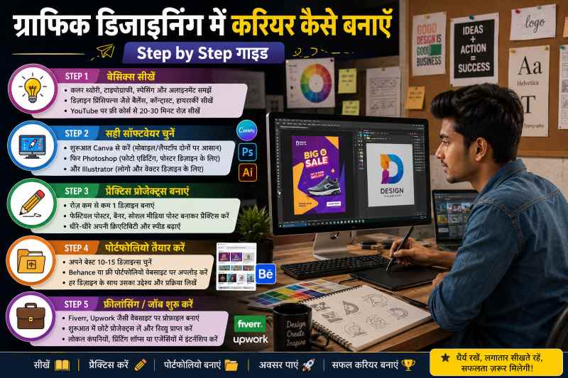 ग्राफिक डिजाइनिंग में करियर कैसे बनाएँ – Step by Step गाइड इन्फोग्राफिक
