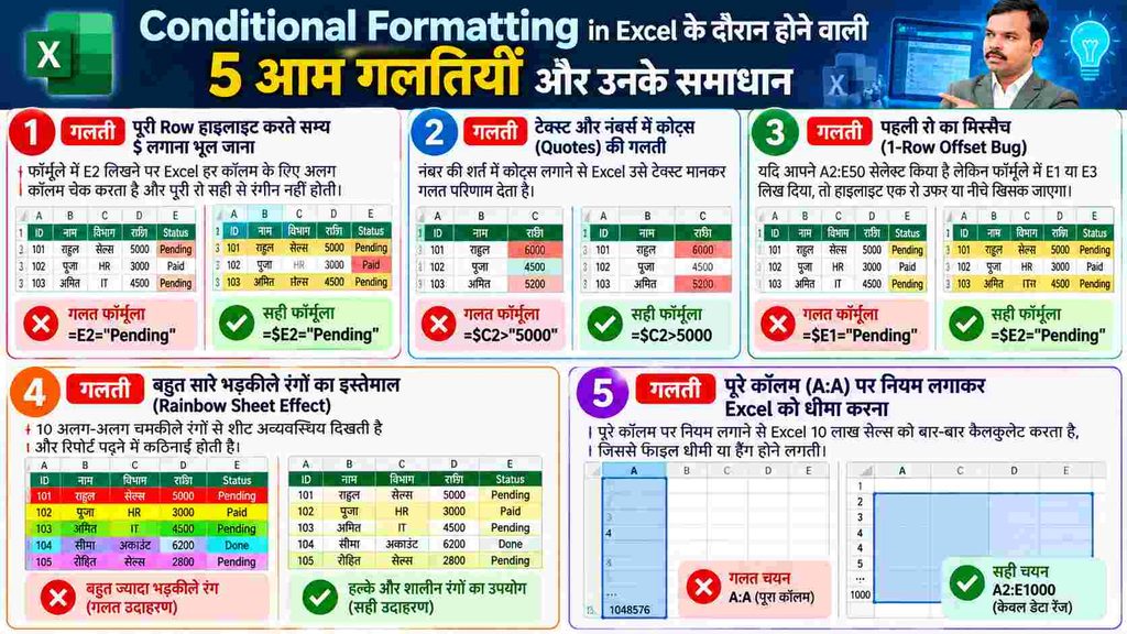 Excel Conditional Formatting की 5 आम गलतियाँ और उनके समाधान का infographic, जिसमें $E2 formula, quotes की गलती, row offset, बहुत ज्यादा रंग और पूरे column पर rule लगाने जैसी समस्याएँ समझाई गई हैं।