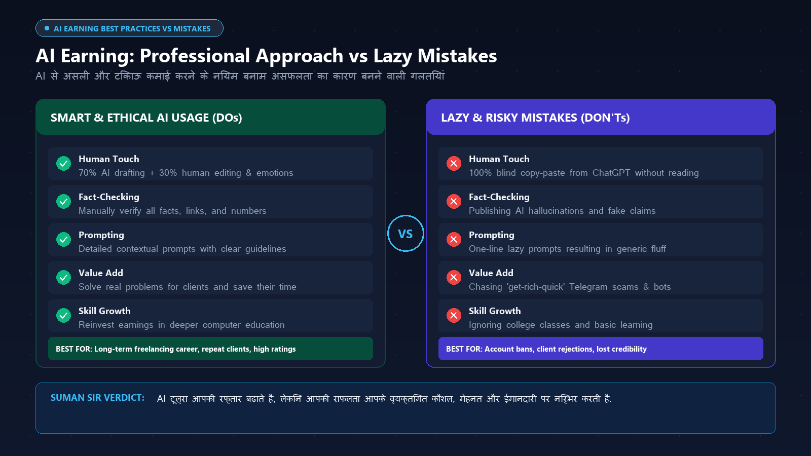 Students AI से पैसे कैसे कमाएं - Professional vs Lazy AI Usage Graphic in Hindi