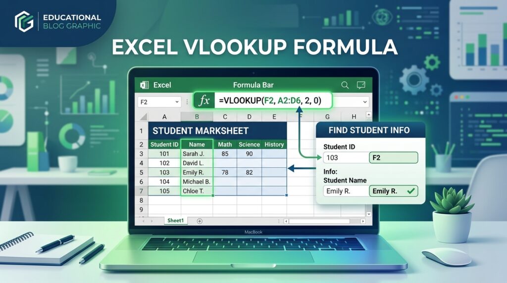 Excel में VLOOKUP Formula लगाने का तरीका और Student Marksheet Table का व्यावहारिक उदाहरण