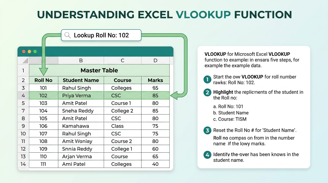 Excel VLOOKUP का बुनियादी सिद्धांत: Roll Number के आधार पर Table में Student Name खोजना