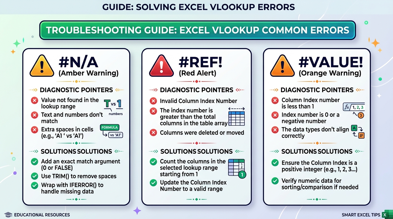 VLOOKUP में आने वाली सामान्य Errors (#N/A, #REF!, #VALUE!) के कारण और समाधान गाइड