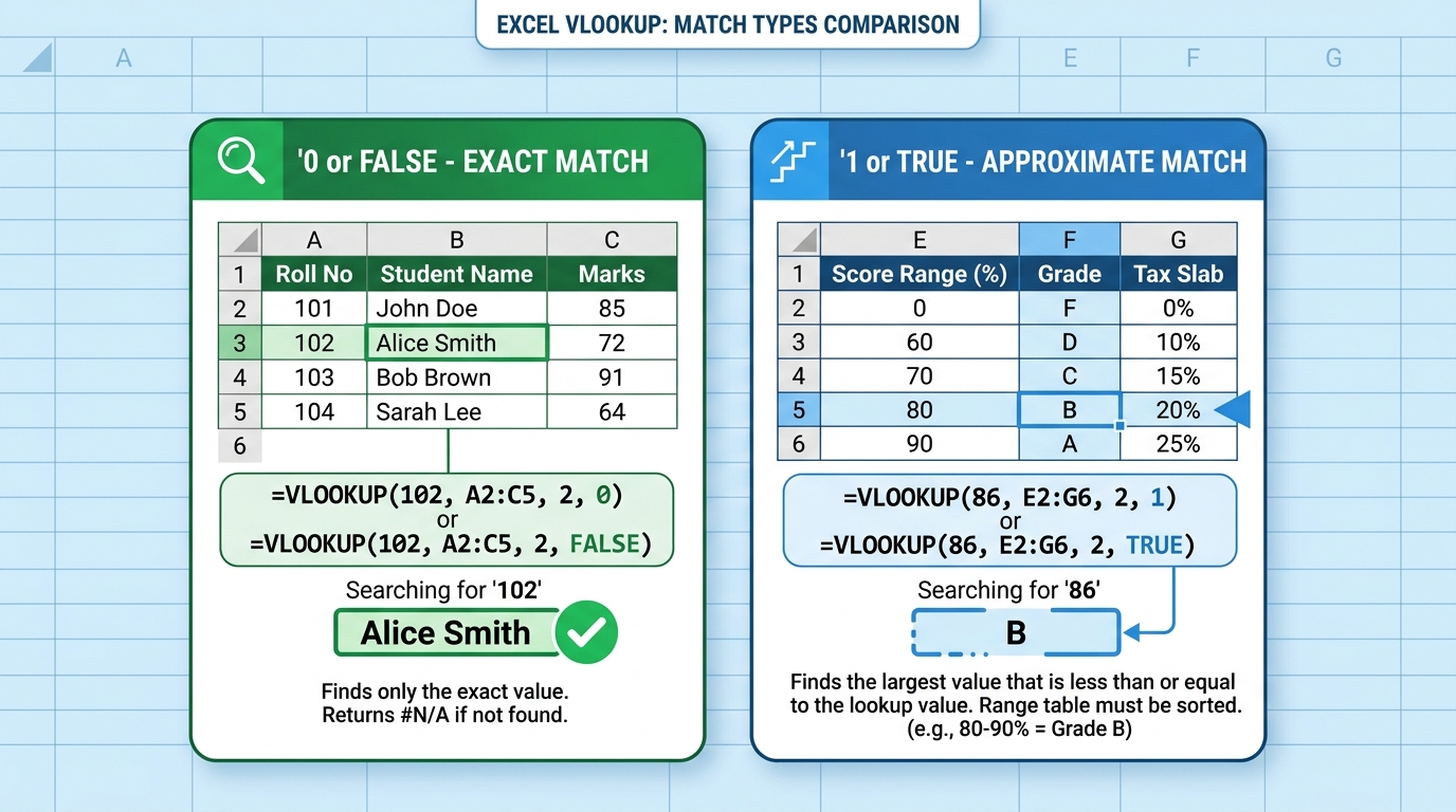 VLOOKUP में Exact Match (0 या FALSE) और Approximate Match (1 या TRUE) का तुलनात्मक चार्ट