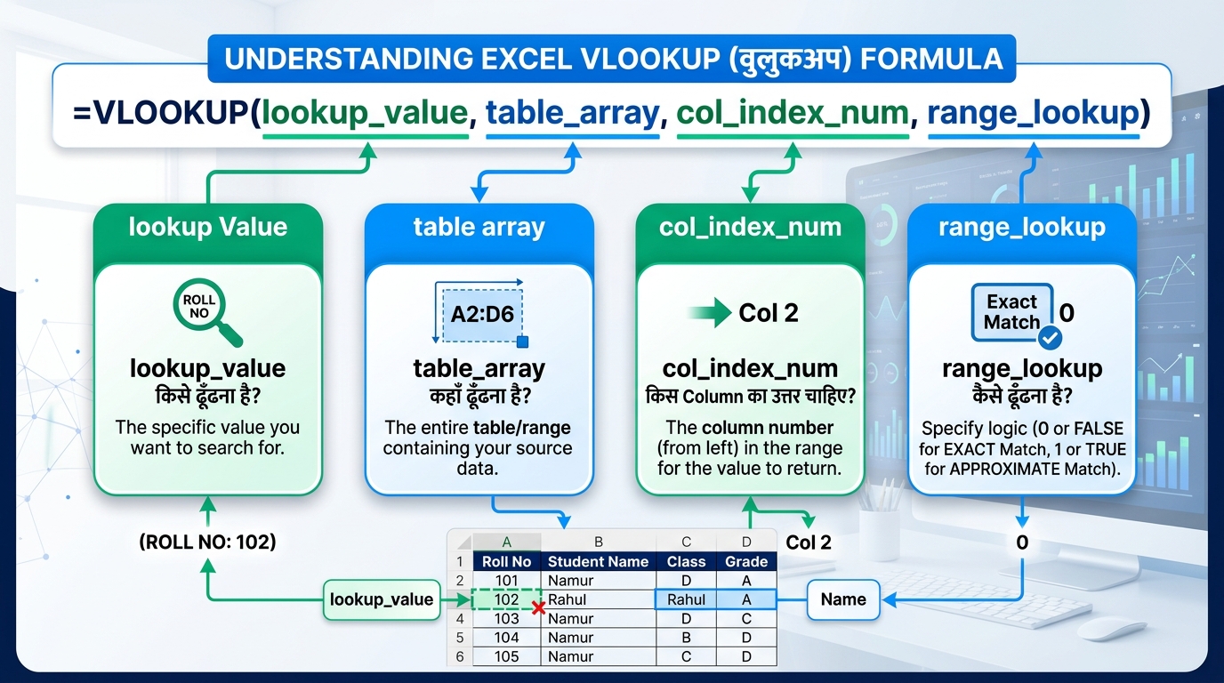 Excel में VLOOKUP Formula कैसे लगाएं: Syntax के 4 महत्वपूर्ण प्रश्न (Lookup Value, Table Array, Col Index, Range Lookup)