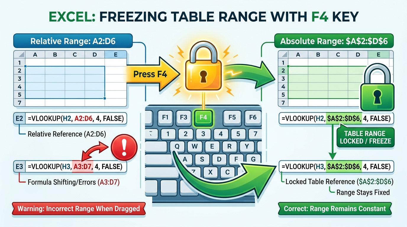 Excel में F4 Key दबाकर Table Range ($A$2:$D$6) Freeze करने और Drag Error से बचने का तरीका